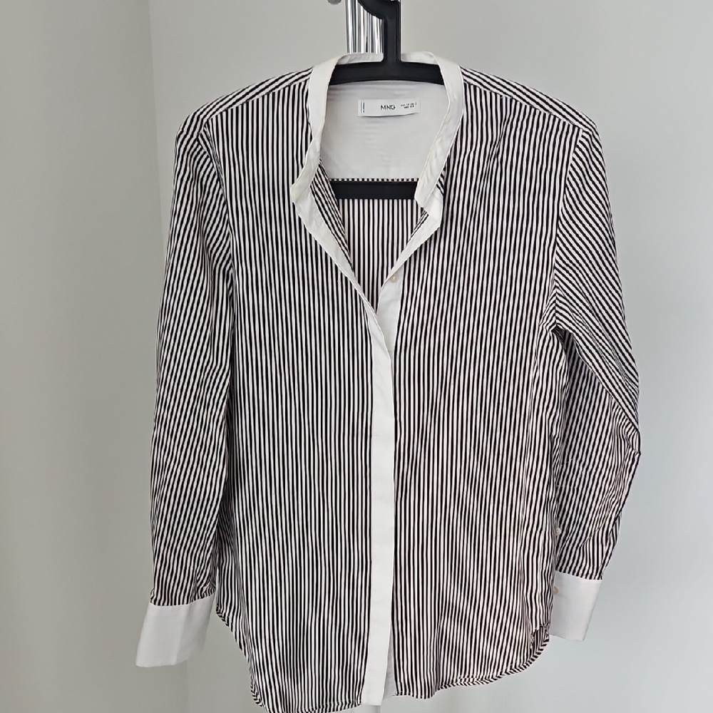 Mango Black and White Striped Button Down Shirt